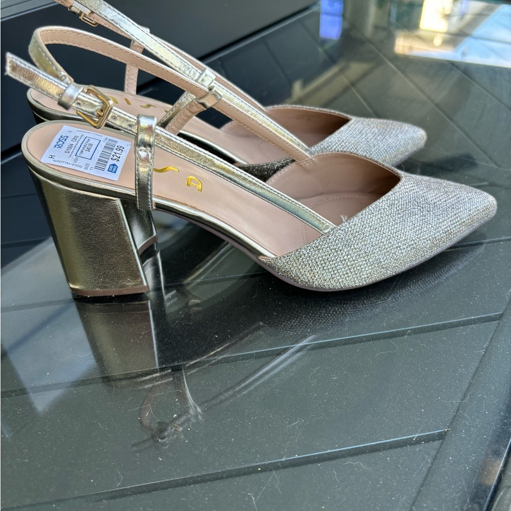 New Unisa, gold shiny, sparkling, sling back high heels, sandals, size 11